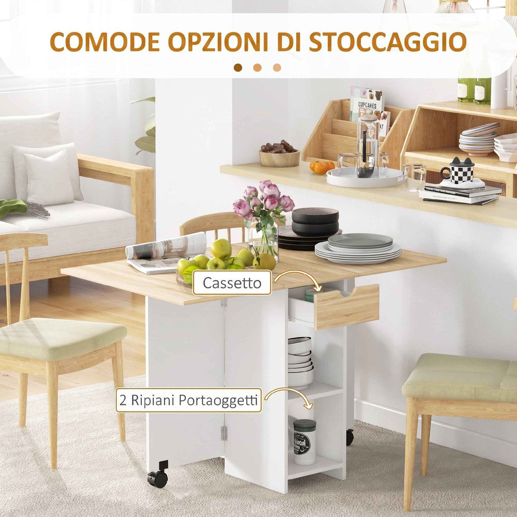HOMCOM Folding Dining Table with Drawer and Shelves, Space-Saving Table with Flip-Up Flaps for Kitchen, Dining Room, Living Room, Oak