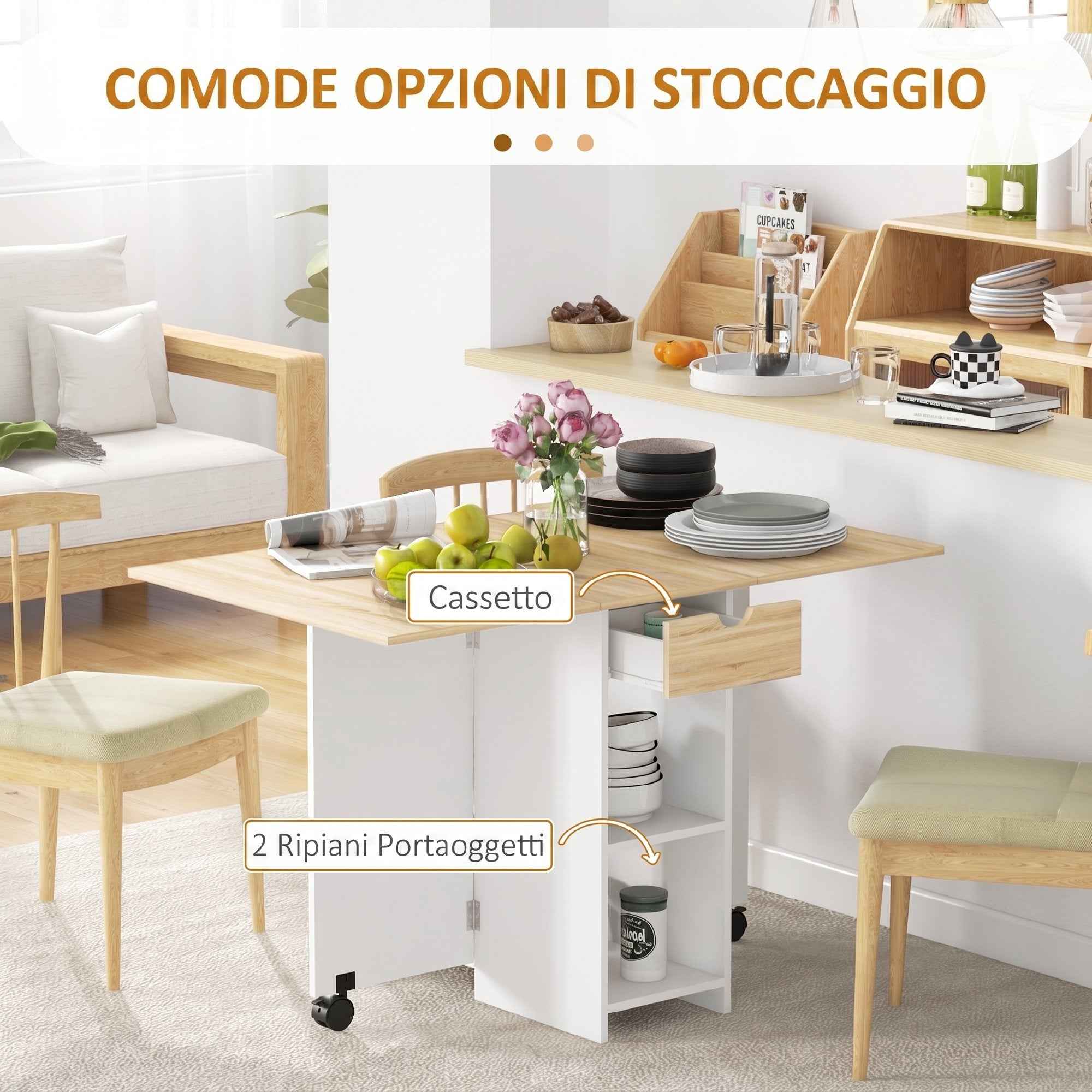 HOMCOM Folding Dining Table with Drawer and Shelves, Space-Saving Table with Flip-Up Flaps for Kitchen, Dining Room, Living Room, Oak