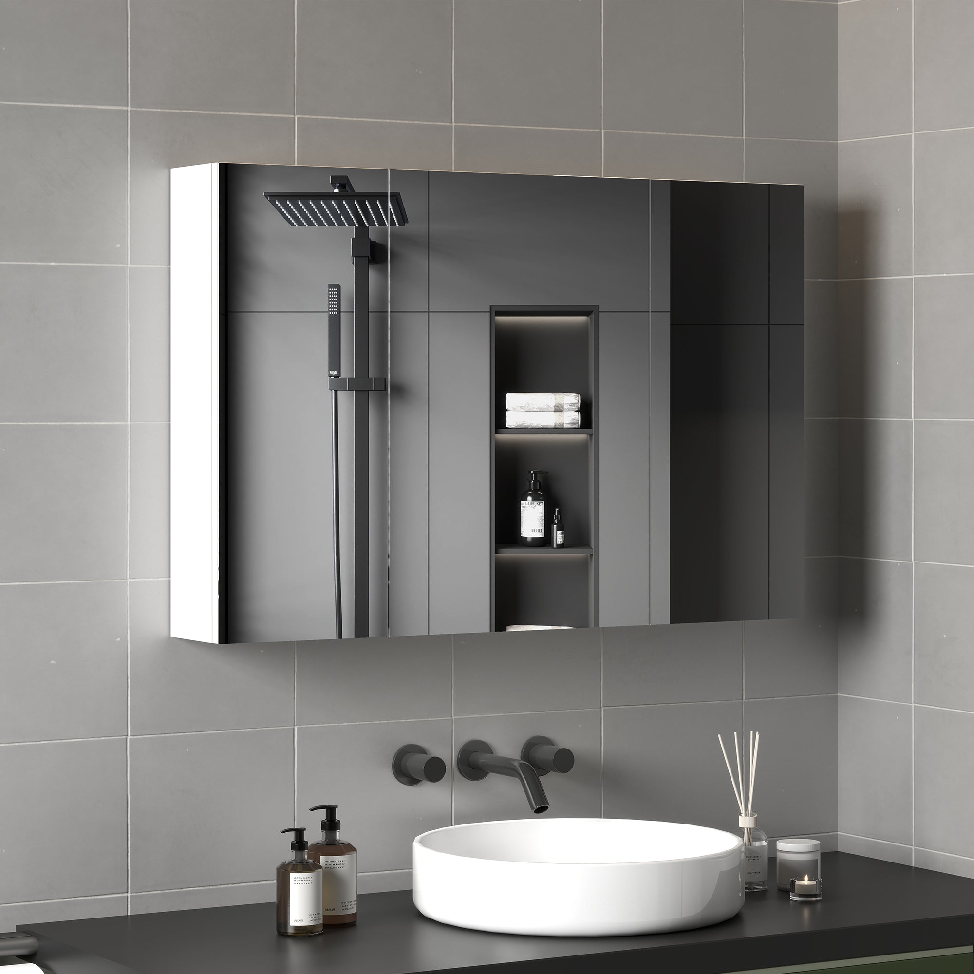 kleankin Bathroom Wall Cabinet with 3 Mirrored Doors and Adjustable Wooden Shelves 90x13.5x60 cm, White