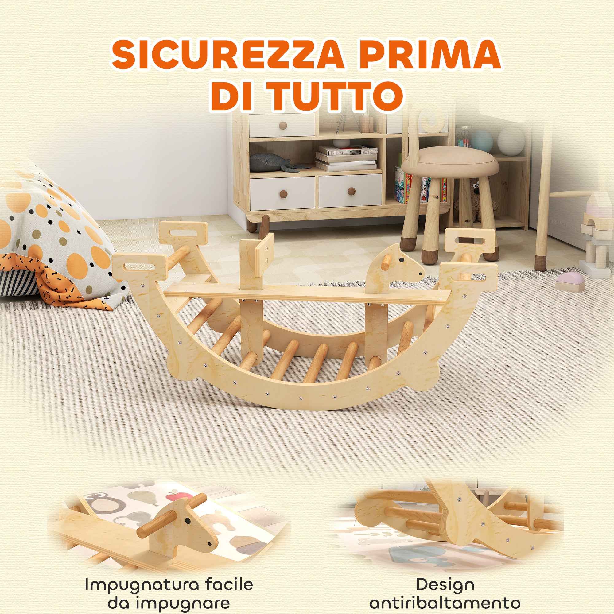 AIYAPLAY Montessori Wooden Arch for Children 2-4 Years Old Convertible into a Rocking Chair 110x52x45 cm, Wood Color