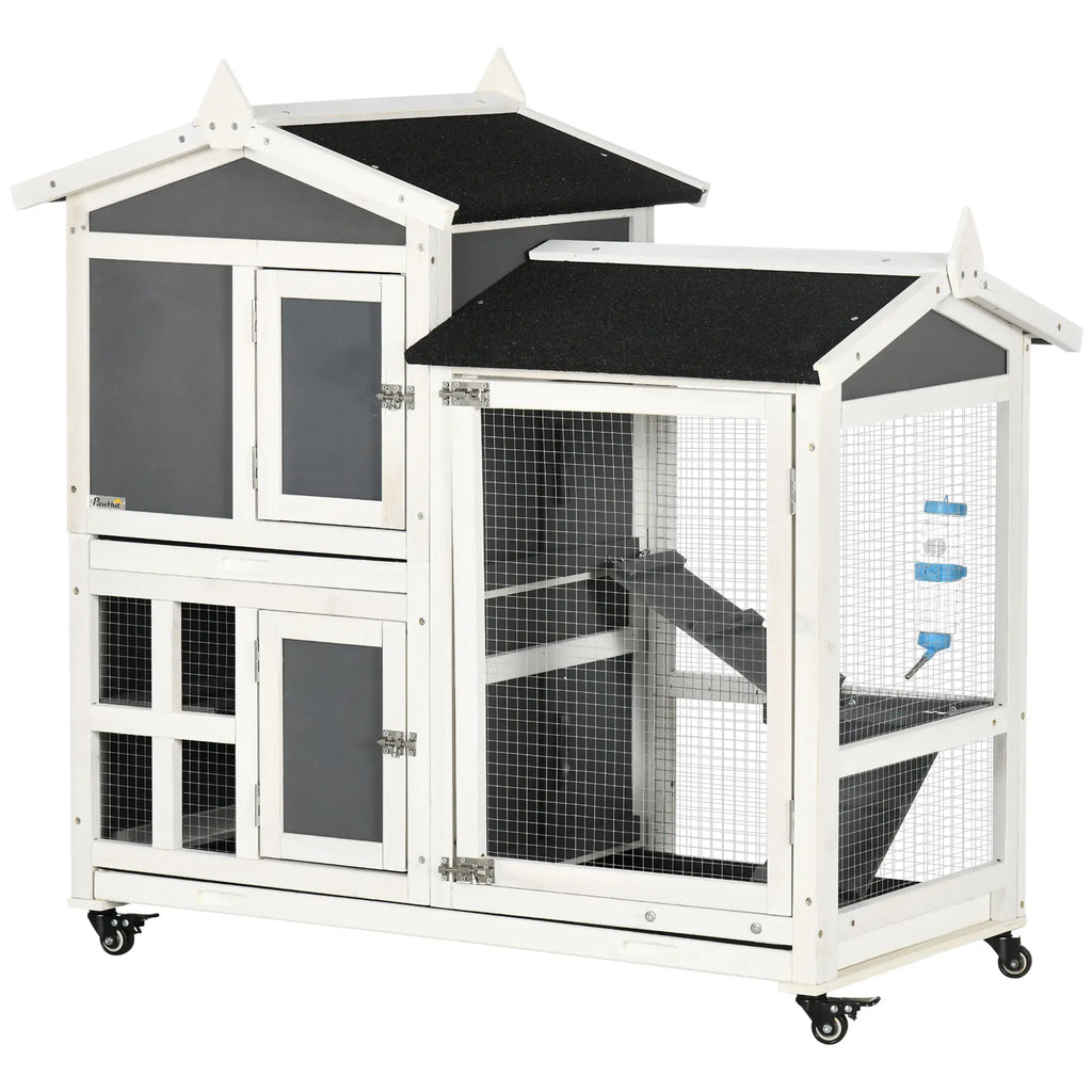 Outdoor Rabbit Hutch for 2 Wooden Rabbits with Removable Tray and Running Area, 110x60x104 cm - Borge' Group Limited