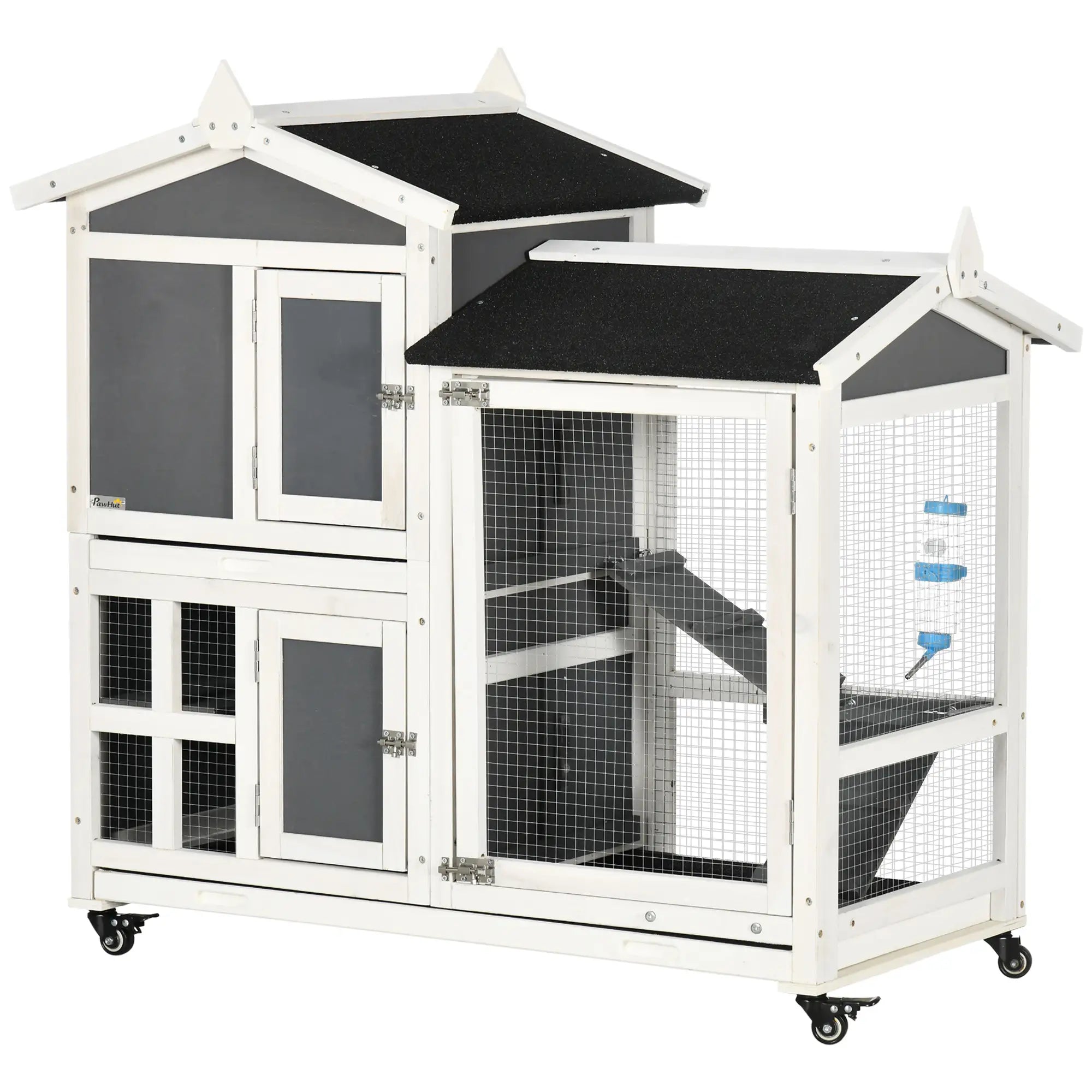 Outdoor Rabbit Hutch for 2 Wooden Rabbits with Removable Tray and Running Area, 110x60x104 cm - Borge' Group Limited