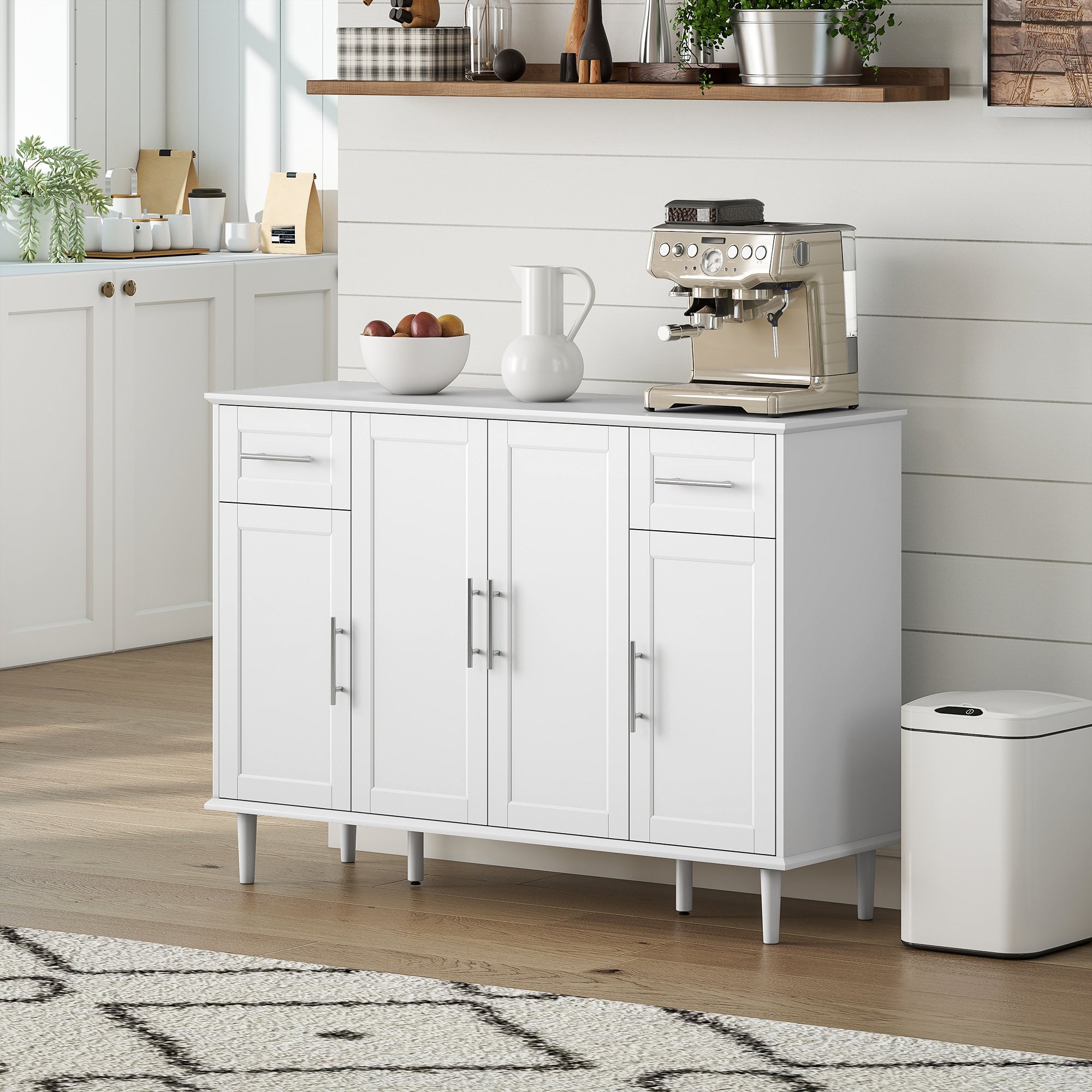 Elegant Buffet Sideboard with 2 Drawers and 3 Cabinets with Adjustable Shelves, Wooden, 120x38x86 cm, White