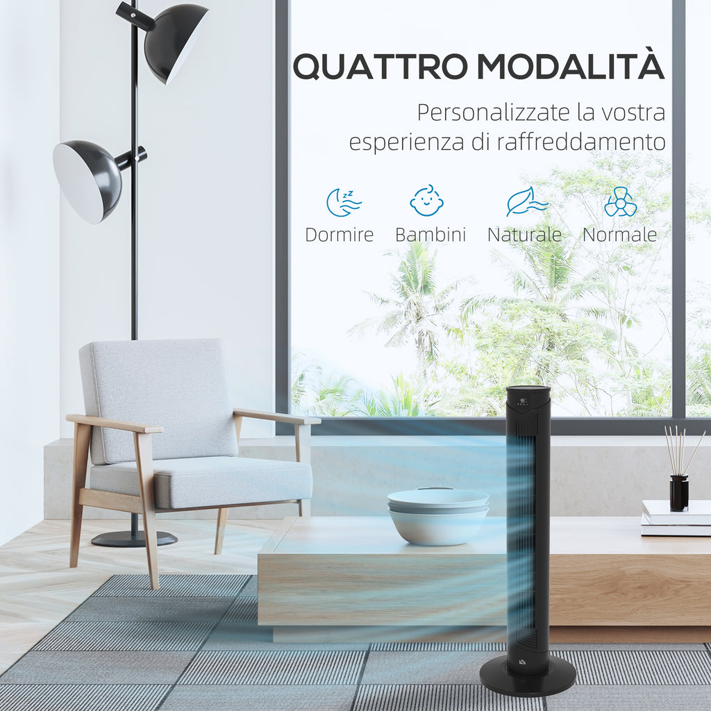 45W Tower Fan with 4 Modes and 3 Speeds with 12h Timer, in ABS, Ø31.5x93 cm, Black - Borgè