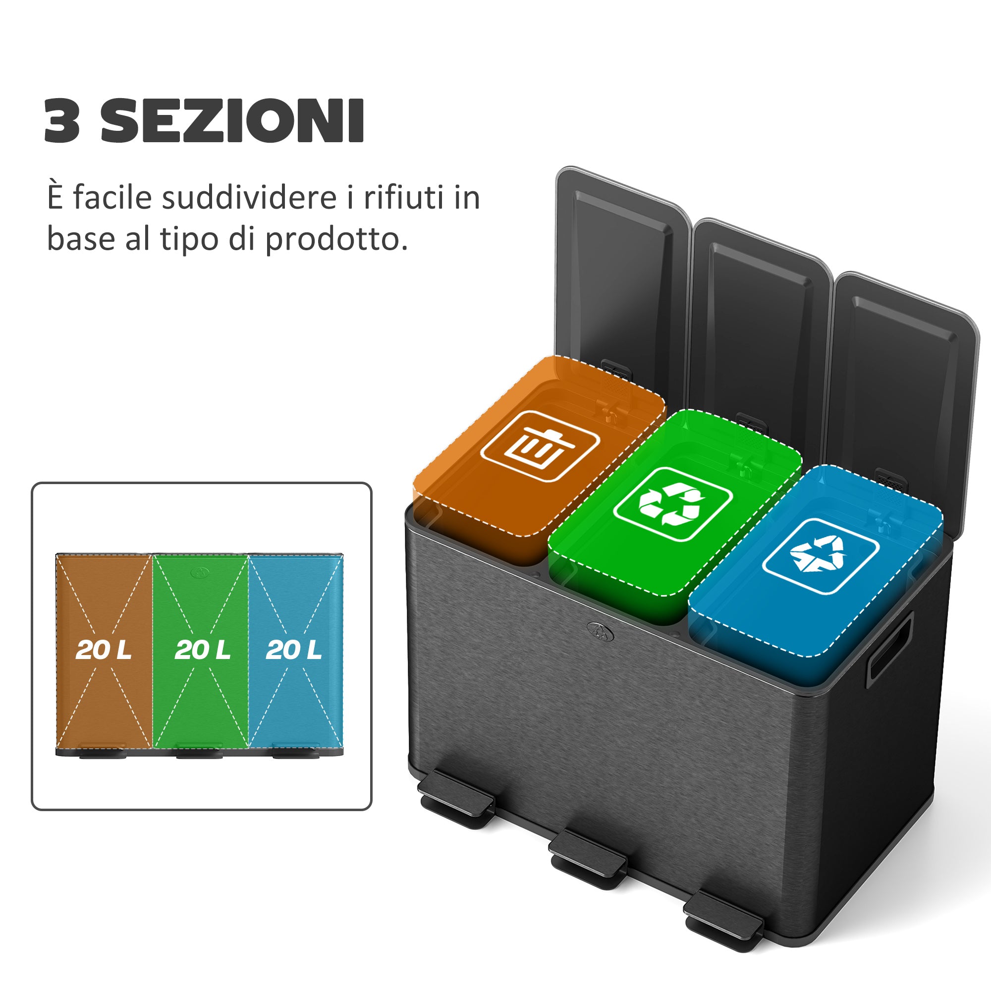 20L 3-Section Rubbish Bin with Silent Closure, Stainless Steel and PP, 61.9 x 36.6 x 56.7 cm, Black