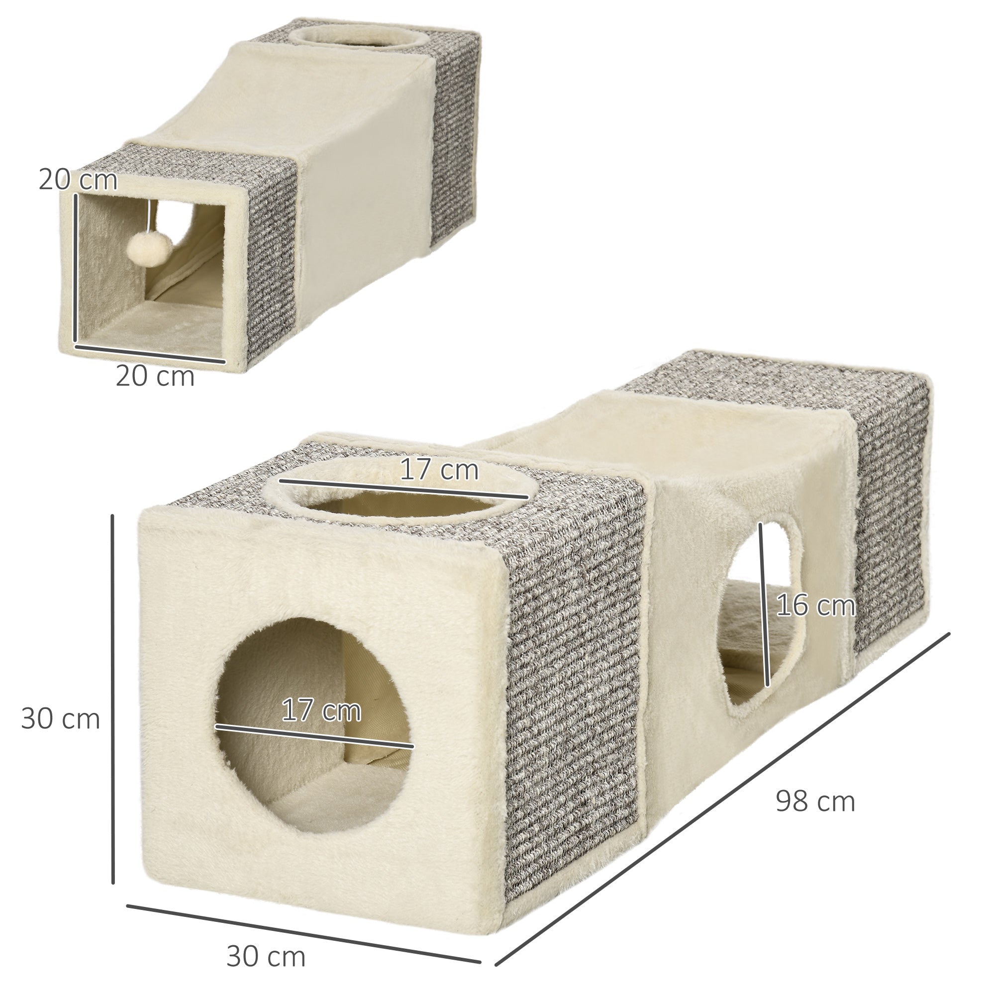 Collapsible Cat Tunnel with Houses, Scratching Post, and Plush and Sisal Ball, Cream
