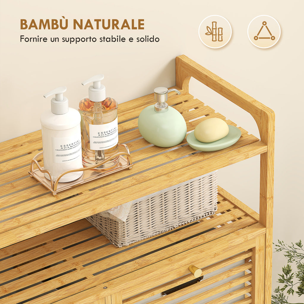 Bamboo and Polyester Laundry Hamper with 2 x 41L Baskets and 2 Shelves, 82 x 33 x 88 cm, Wood and Cream Color