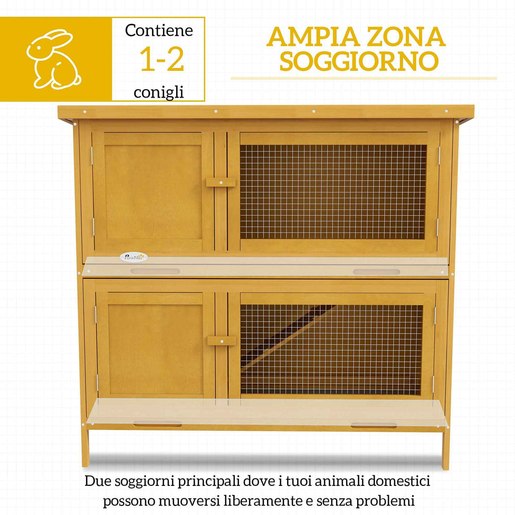 PawHut 2-Tier Rabbit Hutch in Fir Wood and Tar with Ramp, 2 Removable Trays, 4 Doors, 97x44x91 cm, Yellow