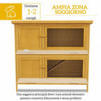 PawHut 2-Tier Rabbit Hutch in Fir Wood and Tar with Ramp, 2 Removable Trays, 4 Doors, 97x44x91 cm, Yellow