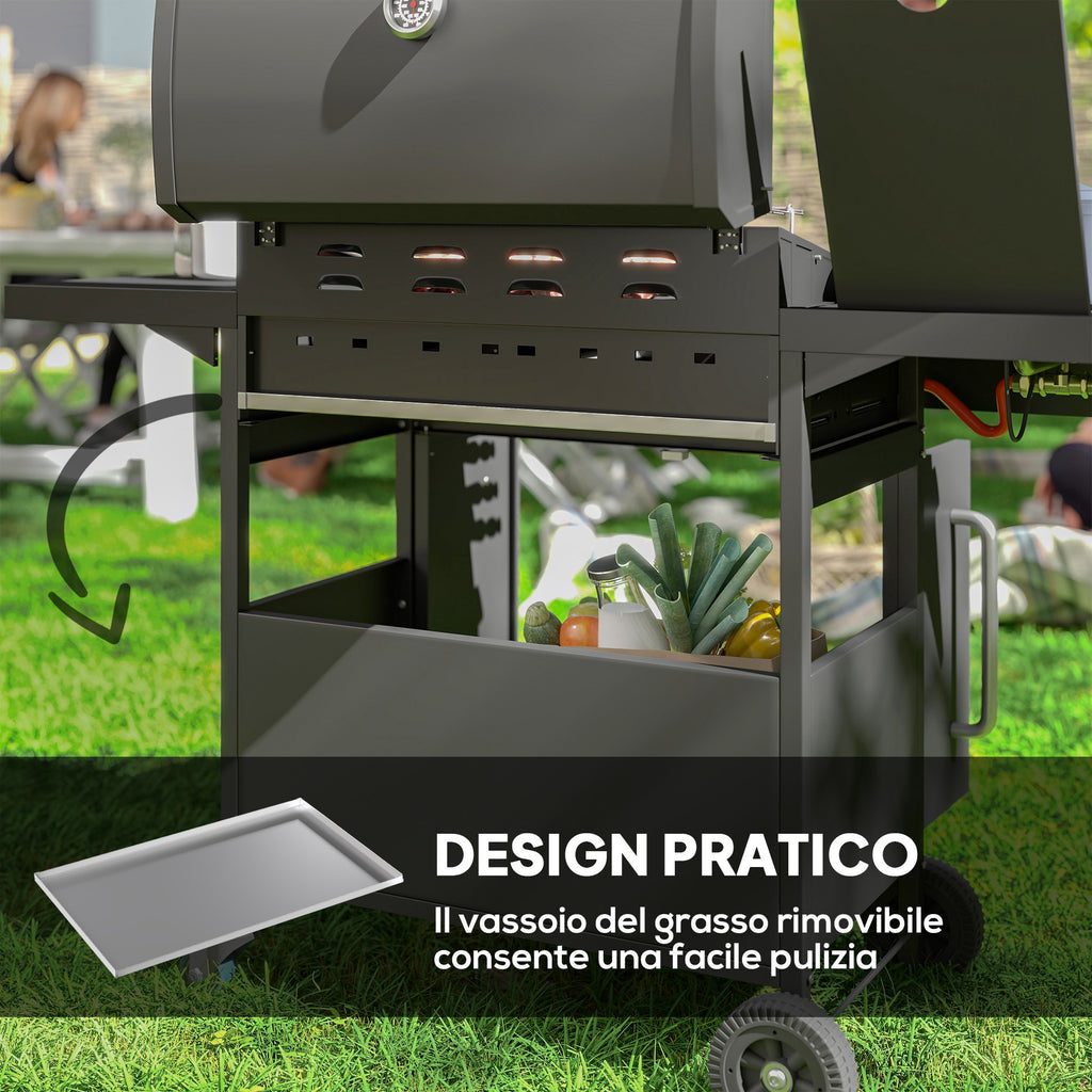 Gas Barbecue with Side Burner, Table and Cabinet, in Steel and PP, 129.5x56x110 cm, Black