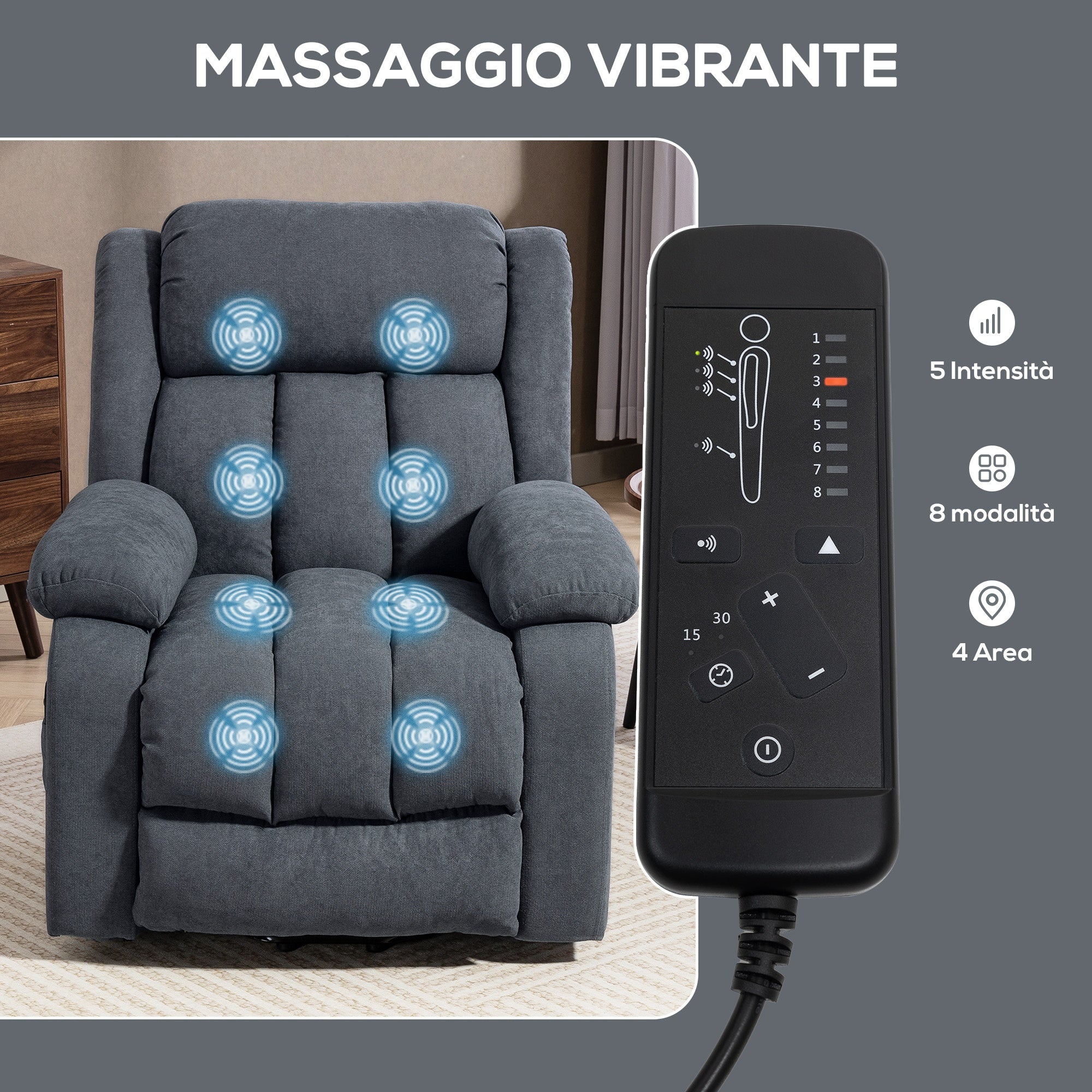 135° Electric Lift Reclining Chair in Linen Effect Fabric with Footrest, Dark Grey