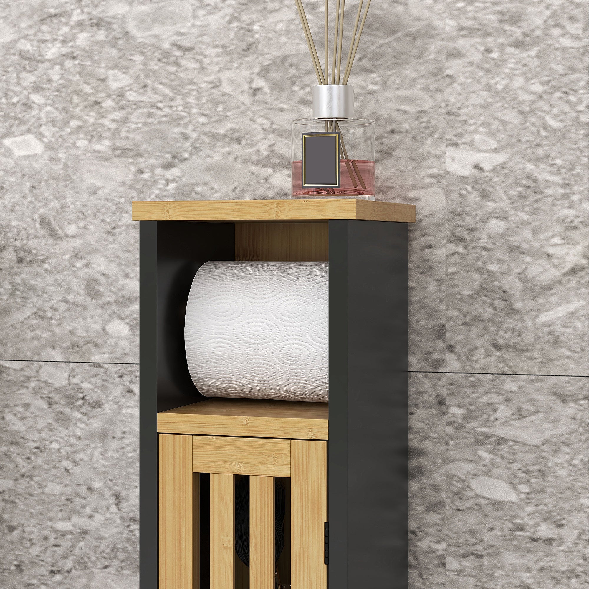 Bathroom Cabinet with Open Shelf and Cabinet, in Bamboo and MDF, 18x18x75 cm, Black and Wood color