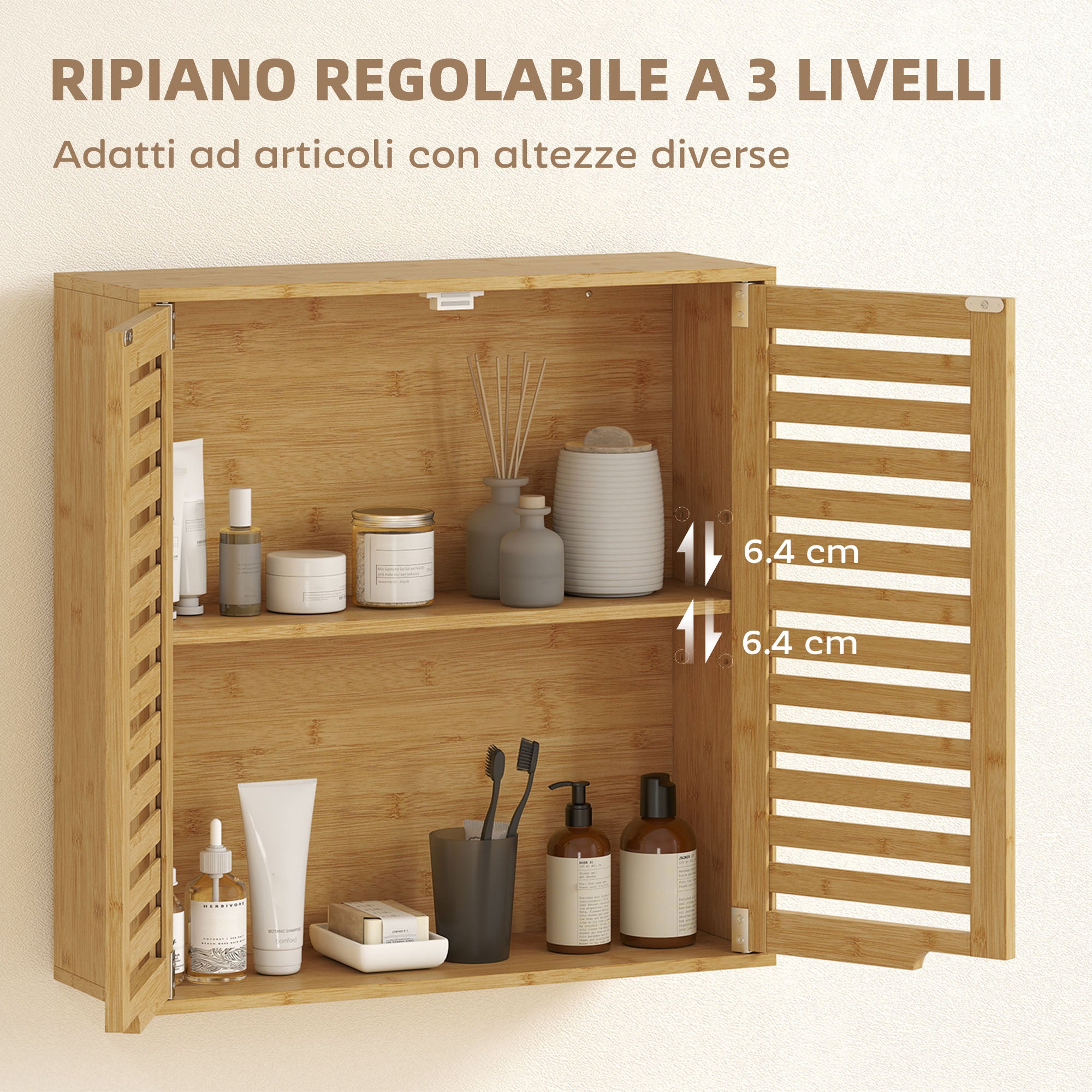 Bathroom Cabinet with Adjustable Internal Shelf and Shutter Doors, Bamboo, 60x20x60 cm, Wood Color