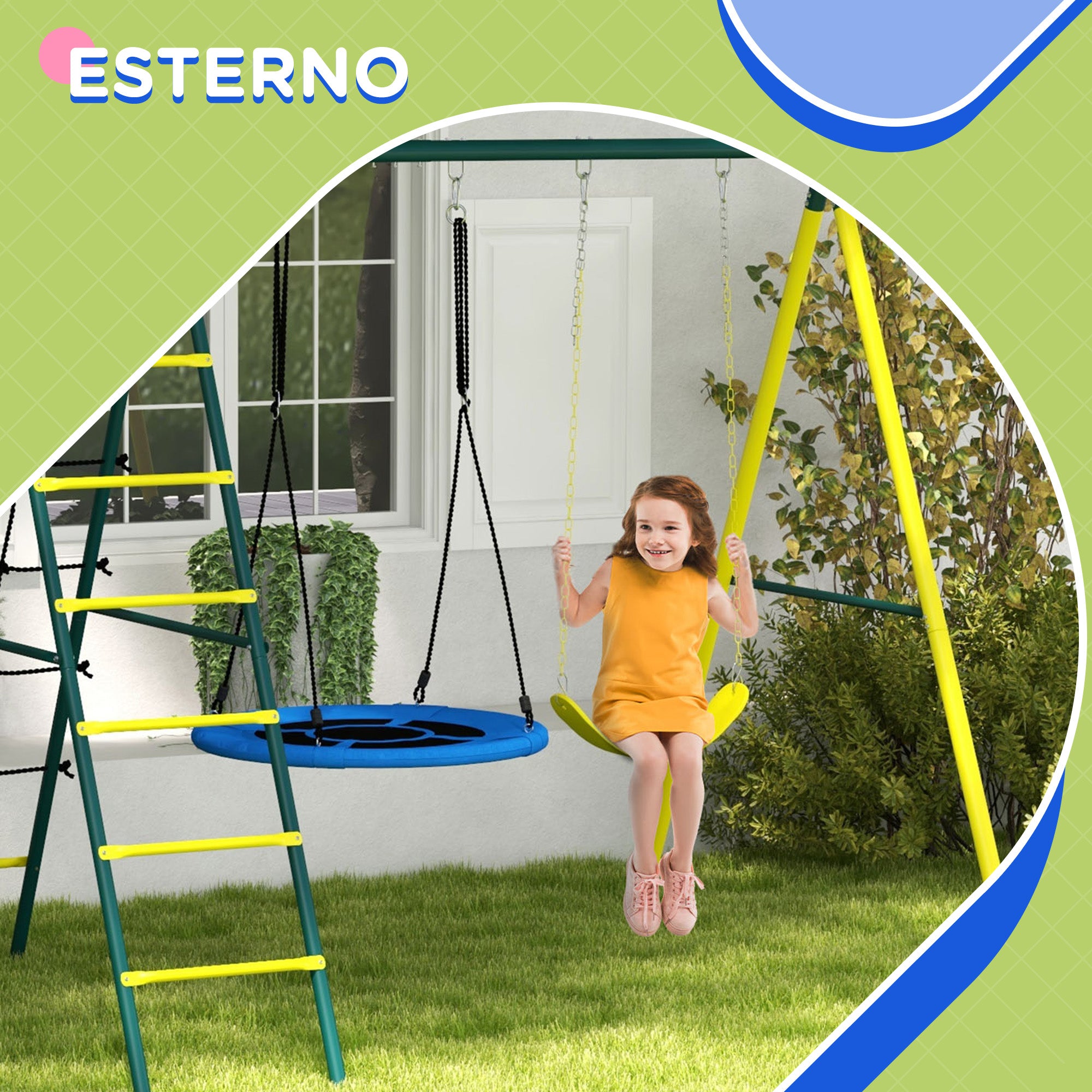 Outsunny Classic Round Garden Swing Set, Steel Ladders and Rope and Basket for Children 3-8 Years - Borgè