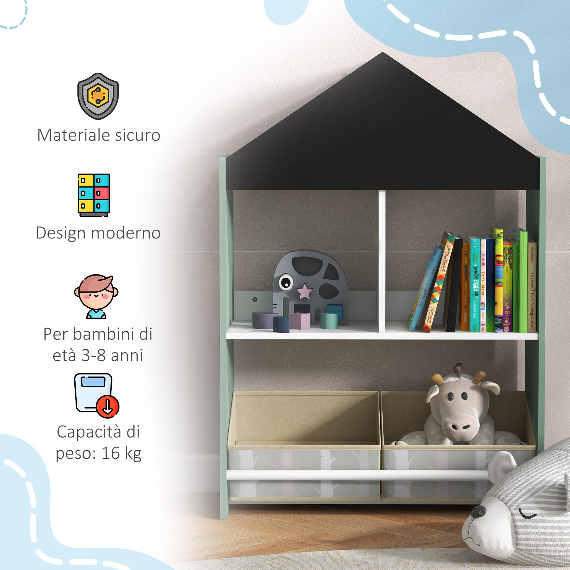 Zonekiz Keephop shelf for children with removable shelves and drawers, green - Borgè