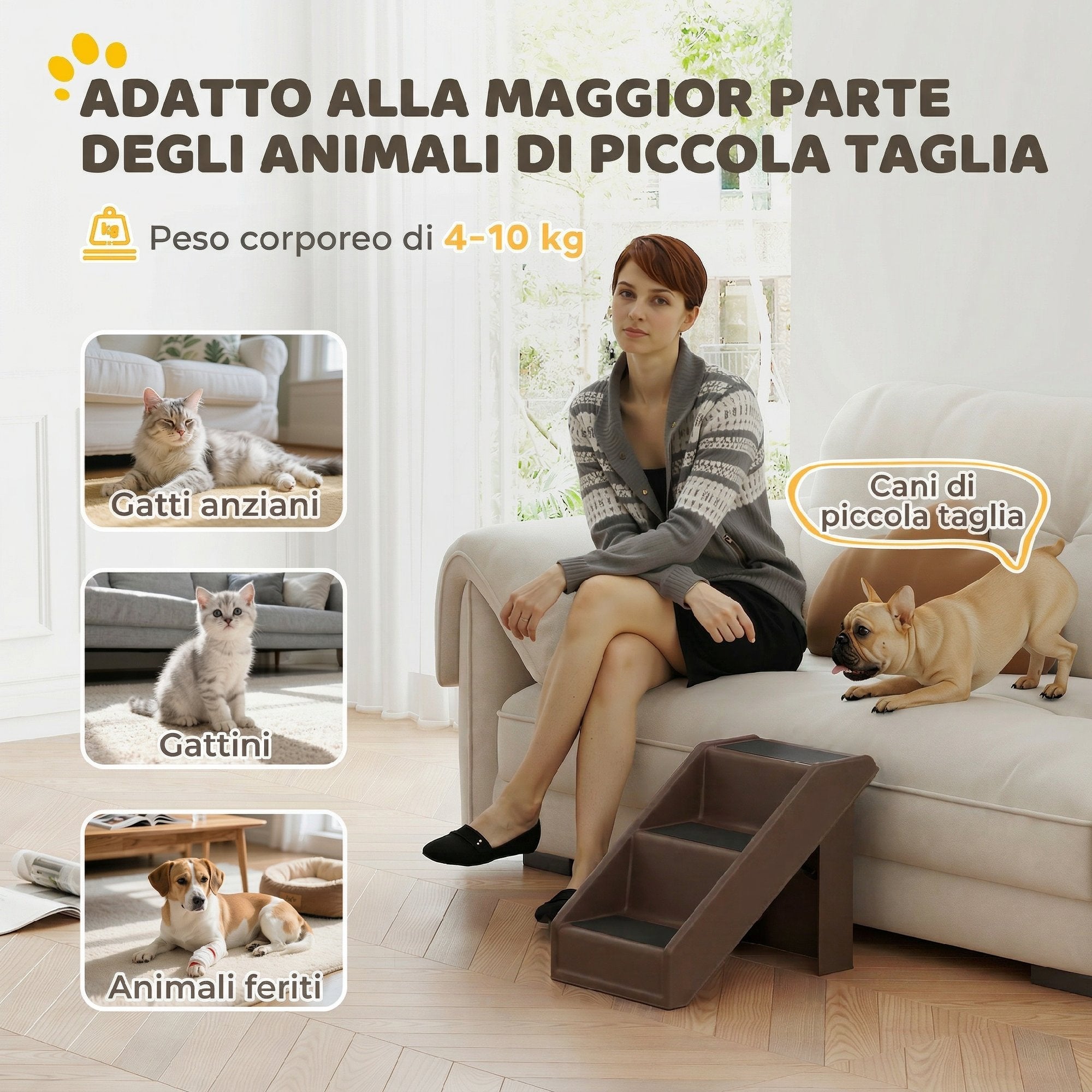 PawHut 3-Step Non-Slip Dog and Cat Ladder for High Beds and Sofas, 53x30.5x36.5 cm, Brown