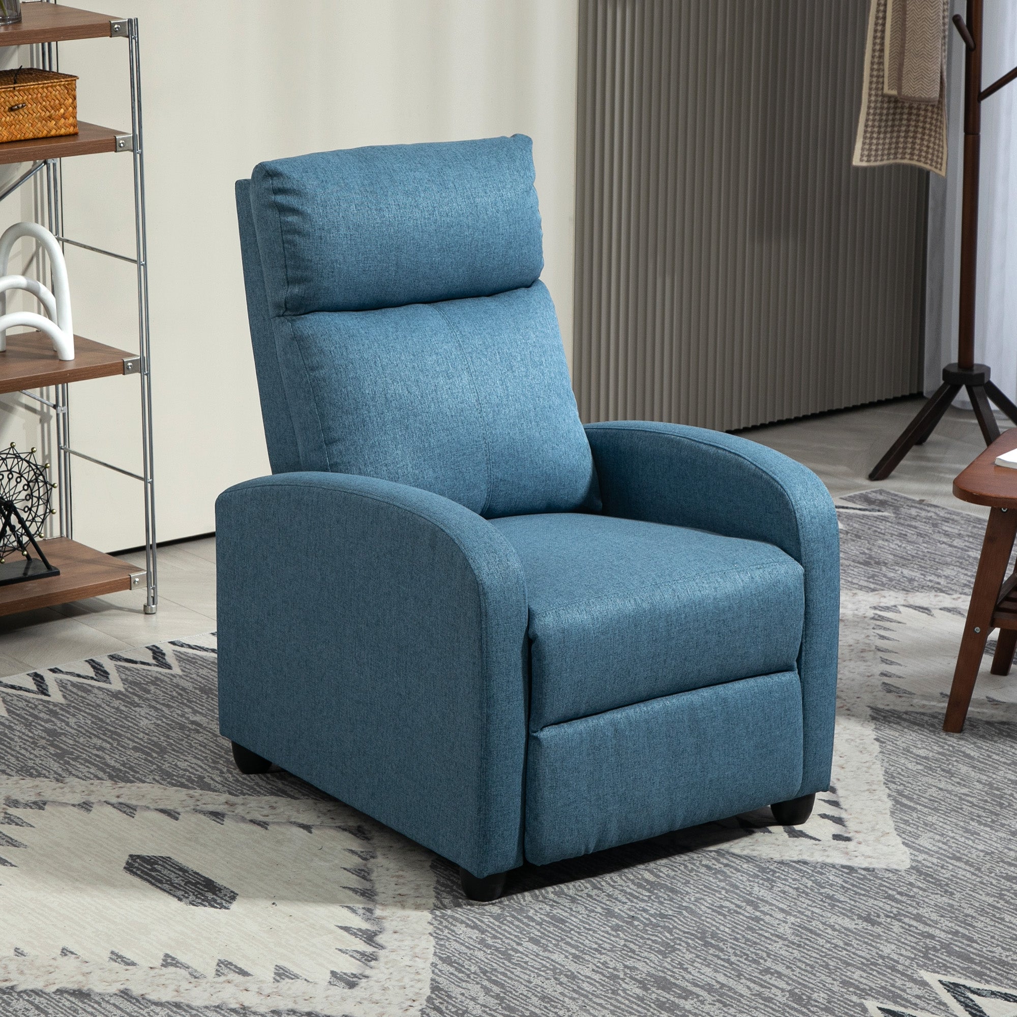 Reclining Chair Upholstered in Blue Linen Effect Fabric and Steel with Footrest, 69x88x101 cm