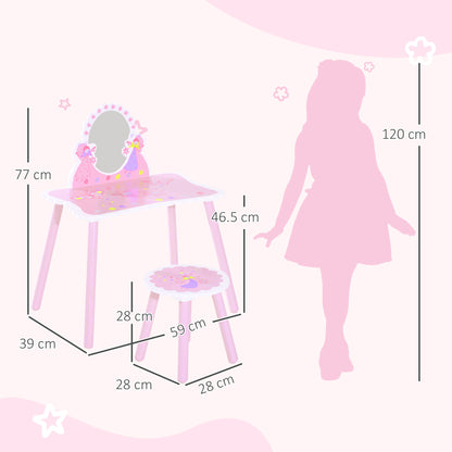 Children's Dressing Table with Wooden Stool, Make-Up Table with Modern Mirror and Drawer, 59W x 39D x 77H cm, Pink