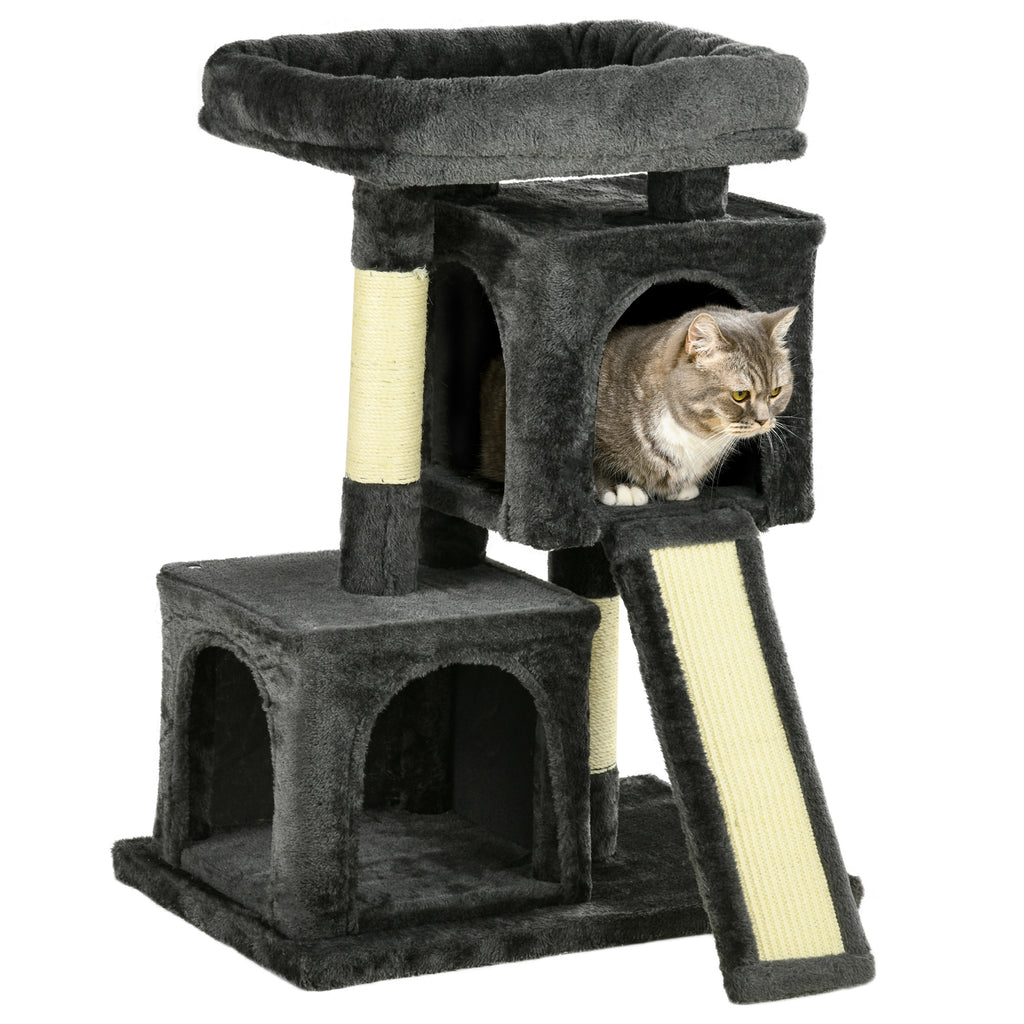 Scratching Tree for Cats with Sisal Poles, Bed and 2 Houses, 59x39x83cm, Dark Gray
