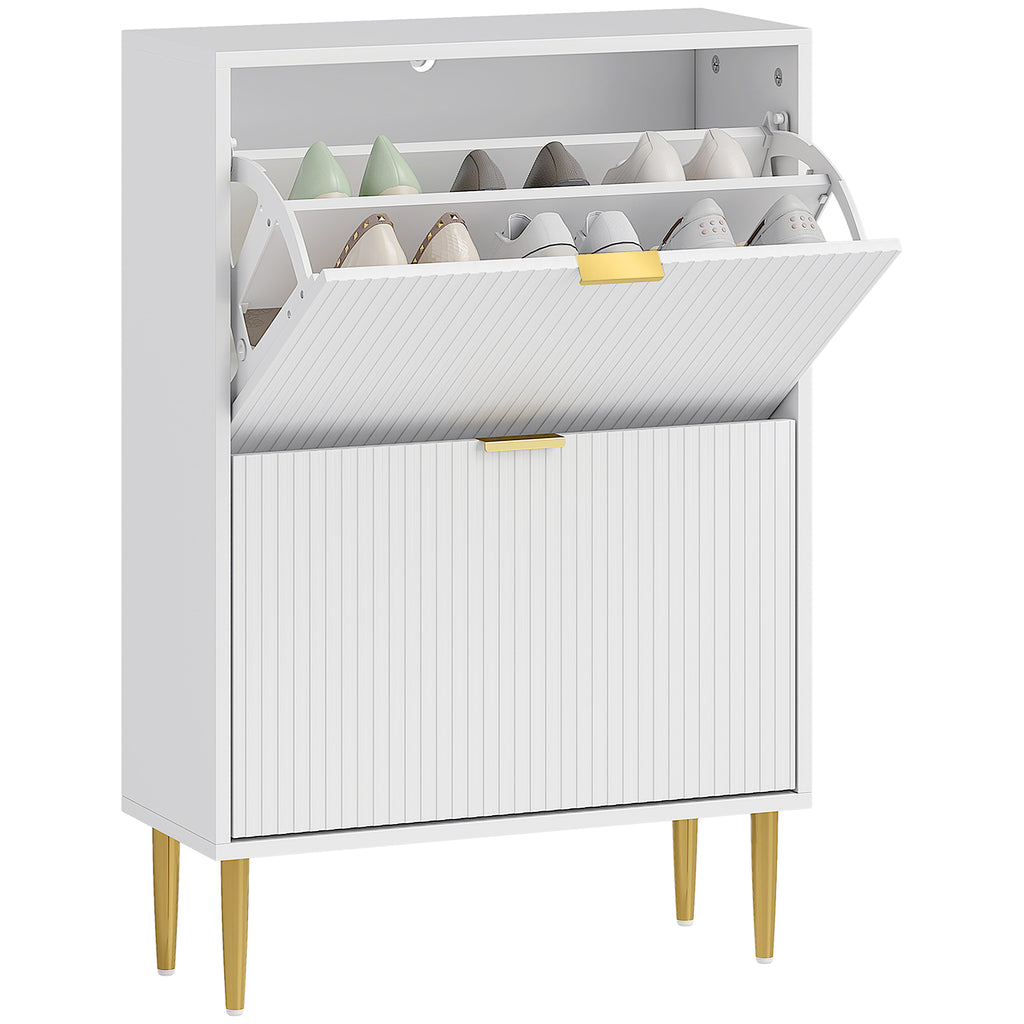 Slim Shoe Rack for 12 Pairs of Shoes with 2 Drop-Down Drawers and Adjustable Shelves, 60x24x91.5 cm, White