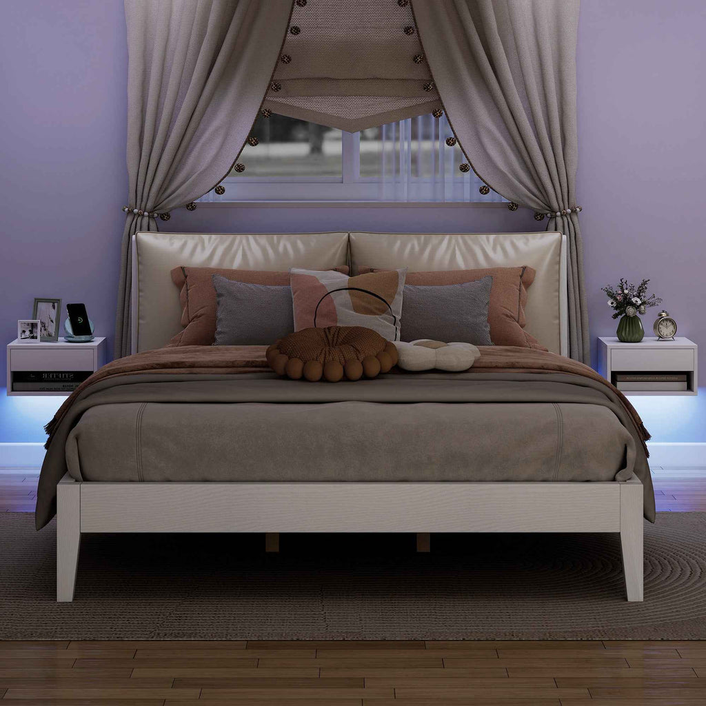 HOMCOM Set of 2 Wall-Mounted Bedside Tables with Built-in RGB LED Lights and APP Control, Drawer and Shelf, 37x32x21 cm, White