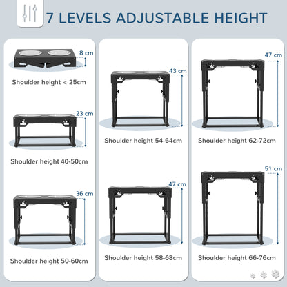 PAWHUT Portaciotole for dogs 44x27x51 cm at 7 adjustable heights with 2 raised bowls Ø19x6 cm, in black steel - Borgè