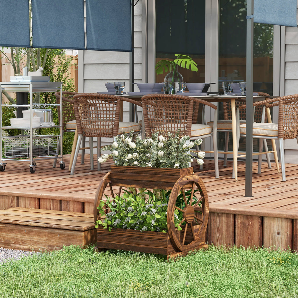 Outsunny Wooden Wood Fioriera at 2 levels with 3 vases and Country -style wagon wheels, 64x54x60cm - Borgè