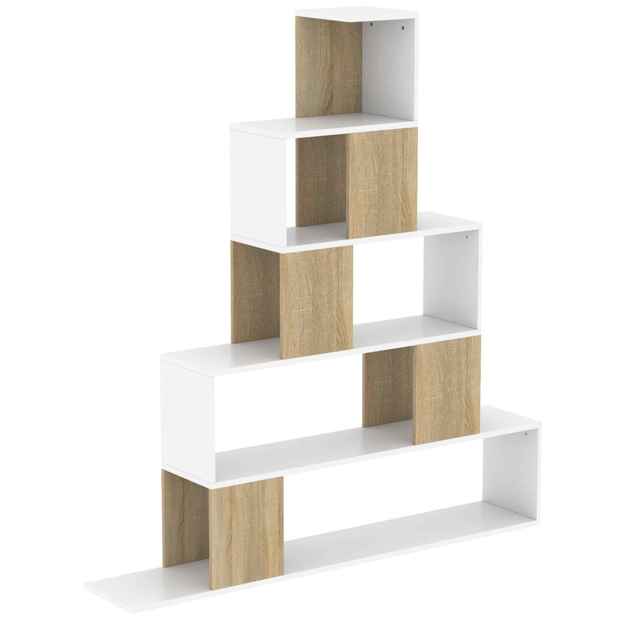 HOMCOM Modern 5-Tier Bookcase with Step Design, 120x22x131.5 cm, White and Wood
