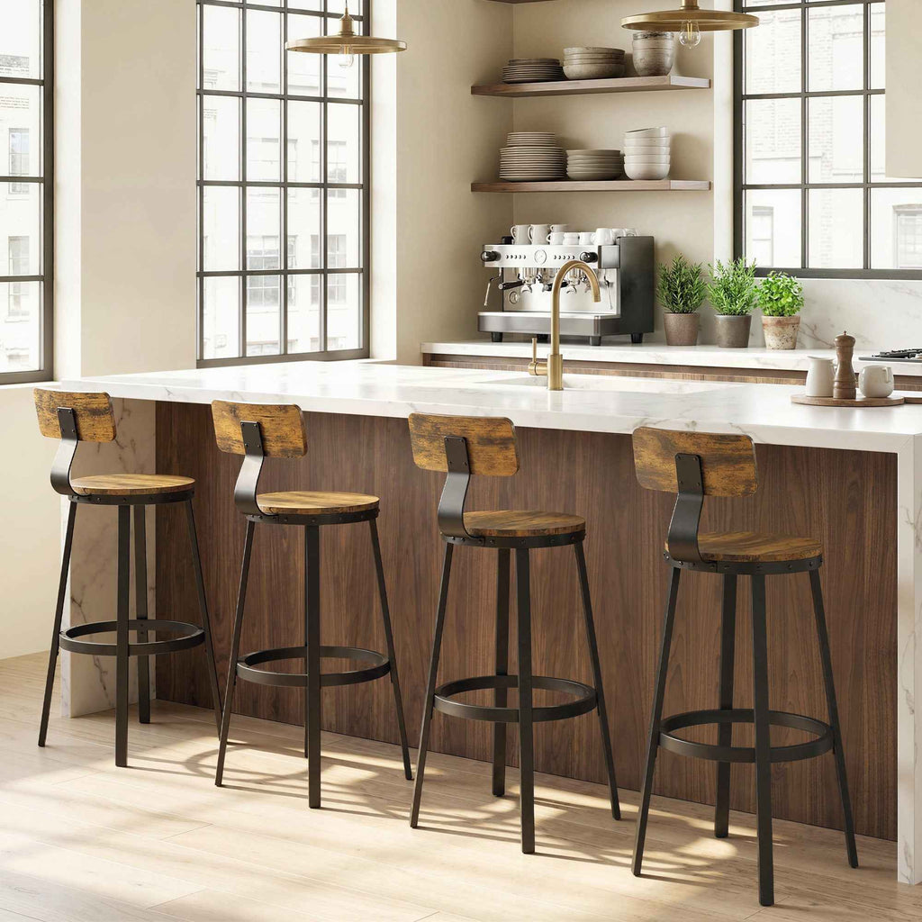 Set of 2 Rustic Bar Stools with Footrest, Wood and Metal, 37x47x96 cm, Brown