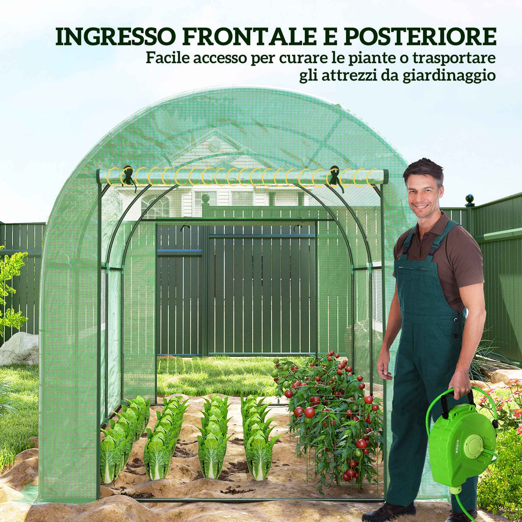 Outsunny 3x2x2 m Steel and UV-Resistant Polyethylene Tunnel Greenhouse for Vegetable Garden with Roll-Up Doors and Windows, Green