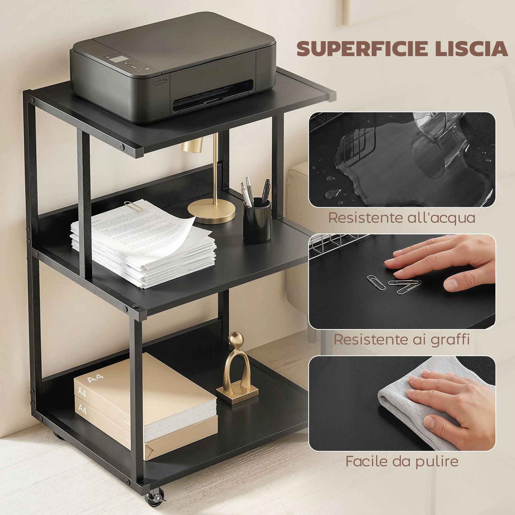HOMCOM 3-Tier Printer Stand with Wheels, Industrial Metal Office Table, Black.
