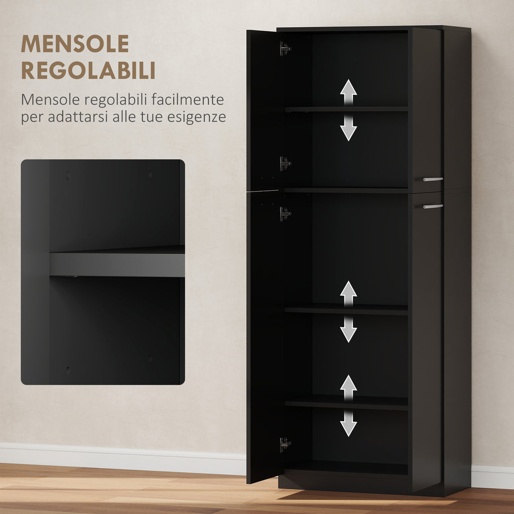 Minimal Storage Unit with 2 Cabinets and Adjustable Shelves, Black Wood, 59x31x155 cm