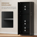 Minimal Storage Unit with 2 Cabinets and Adjustable Shelves, Black Wood, 59x31x155 cm