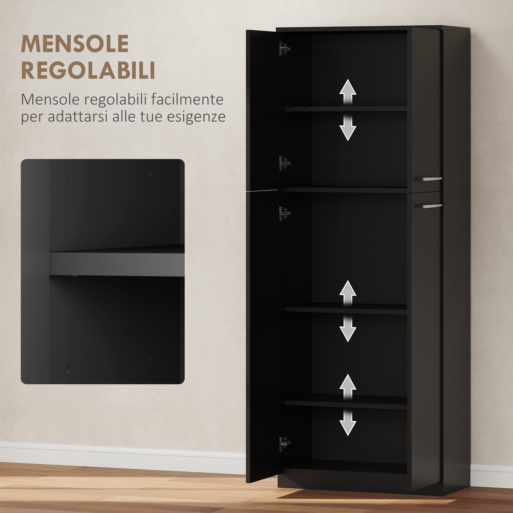 Minimal Storage Unit with 2 Cabinets and Adjustable Shelves, Black Wood, 59x31x155 cm