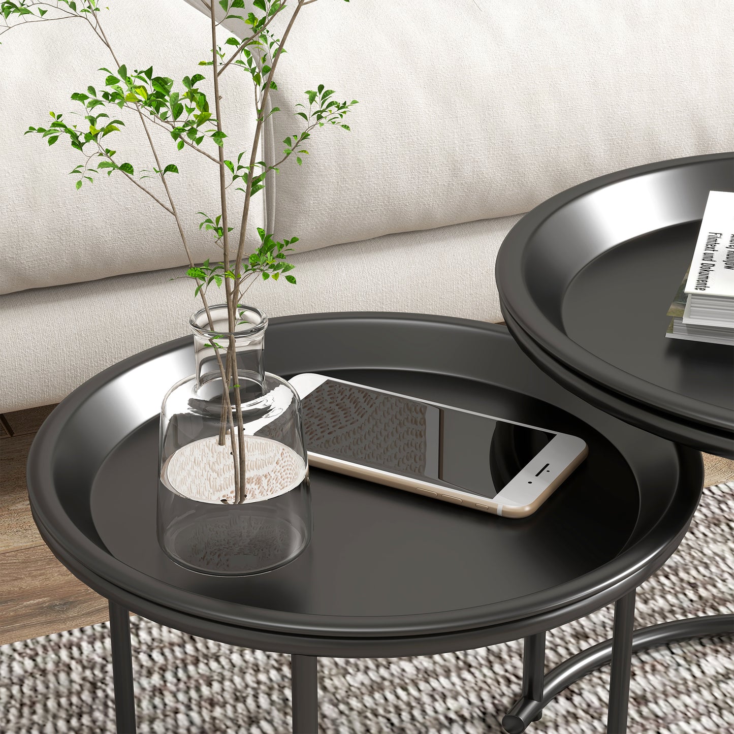 Set of 2 Round Nesting Coffee Tables with Removable Steel Tray, Black