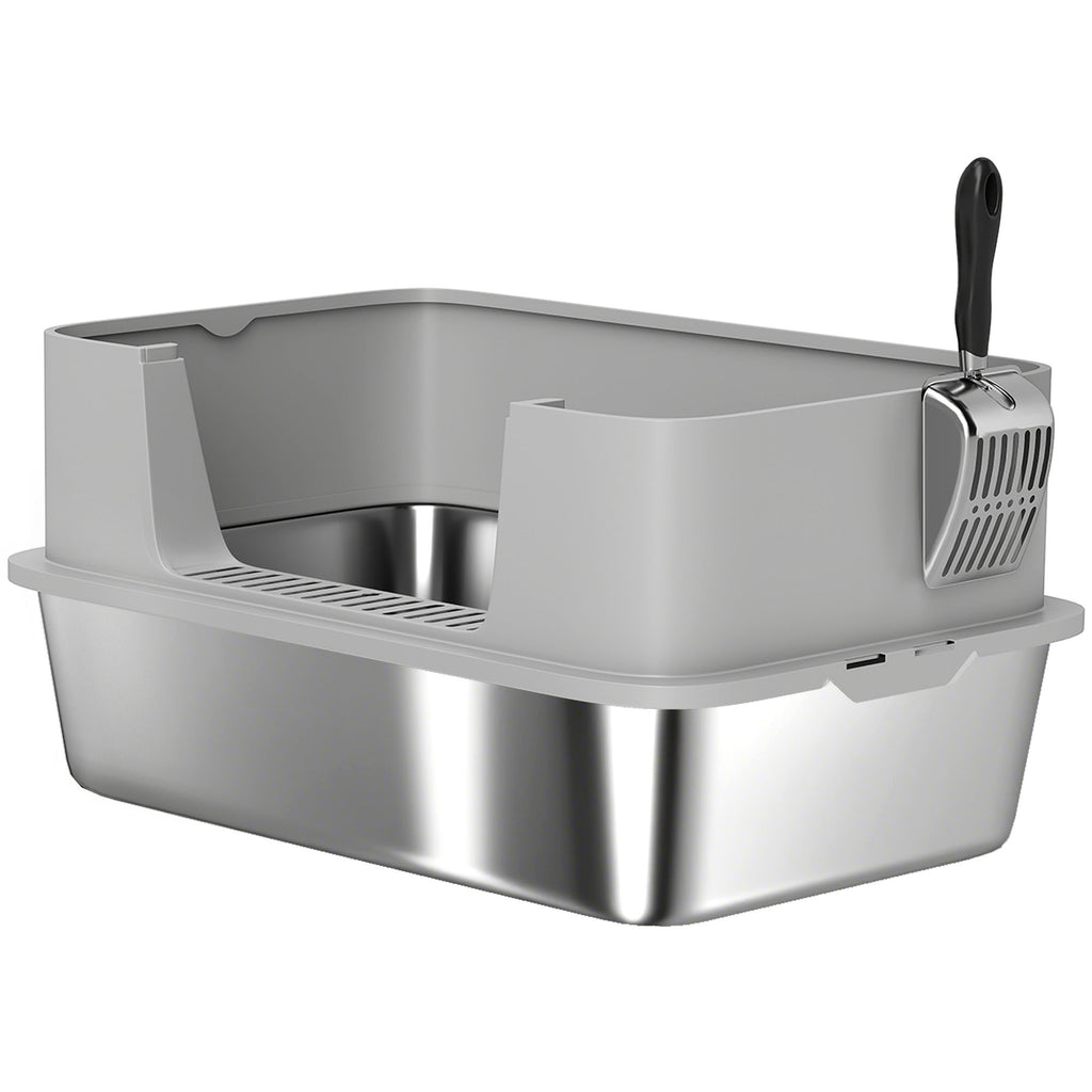 PawHut XL Stainless Steel Cat Litter Box with Scoop, High Sides, Leak-Proof, Odor-Resistant, Up to 7 kg, Grey