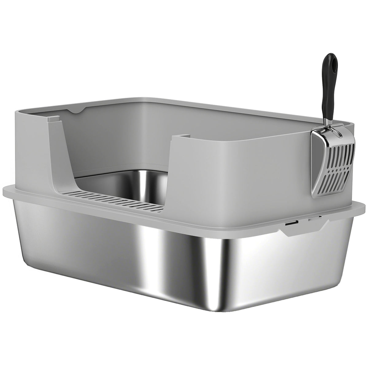 PawHut XL Stainless Steel Cat Litter Box with Scoop, High Sides, Leak-Proof, Odor-Resistant, Up to 7 kg, Grey