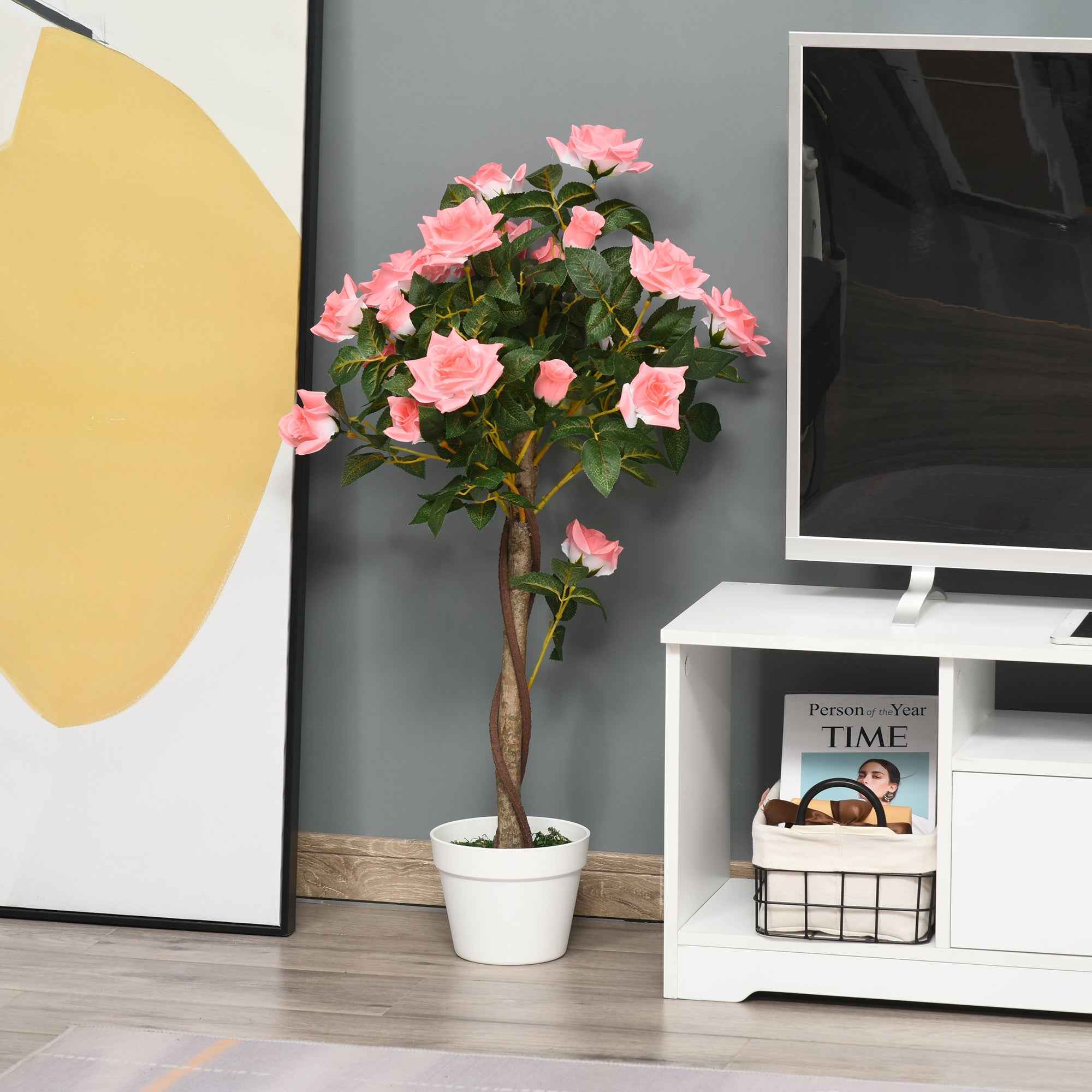 Outsunny 21-Flower Fake Rose Plant with Cement and Moss Filled Pot, Ø18x90 cm, Pink