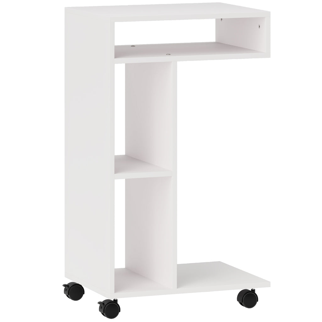 HOMCOM C-Shaped Wooden Coffee Table with Wheels and Open Shelf, 40x30x69 cm, White
