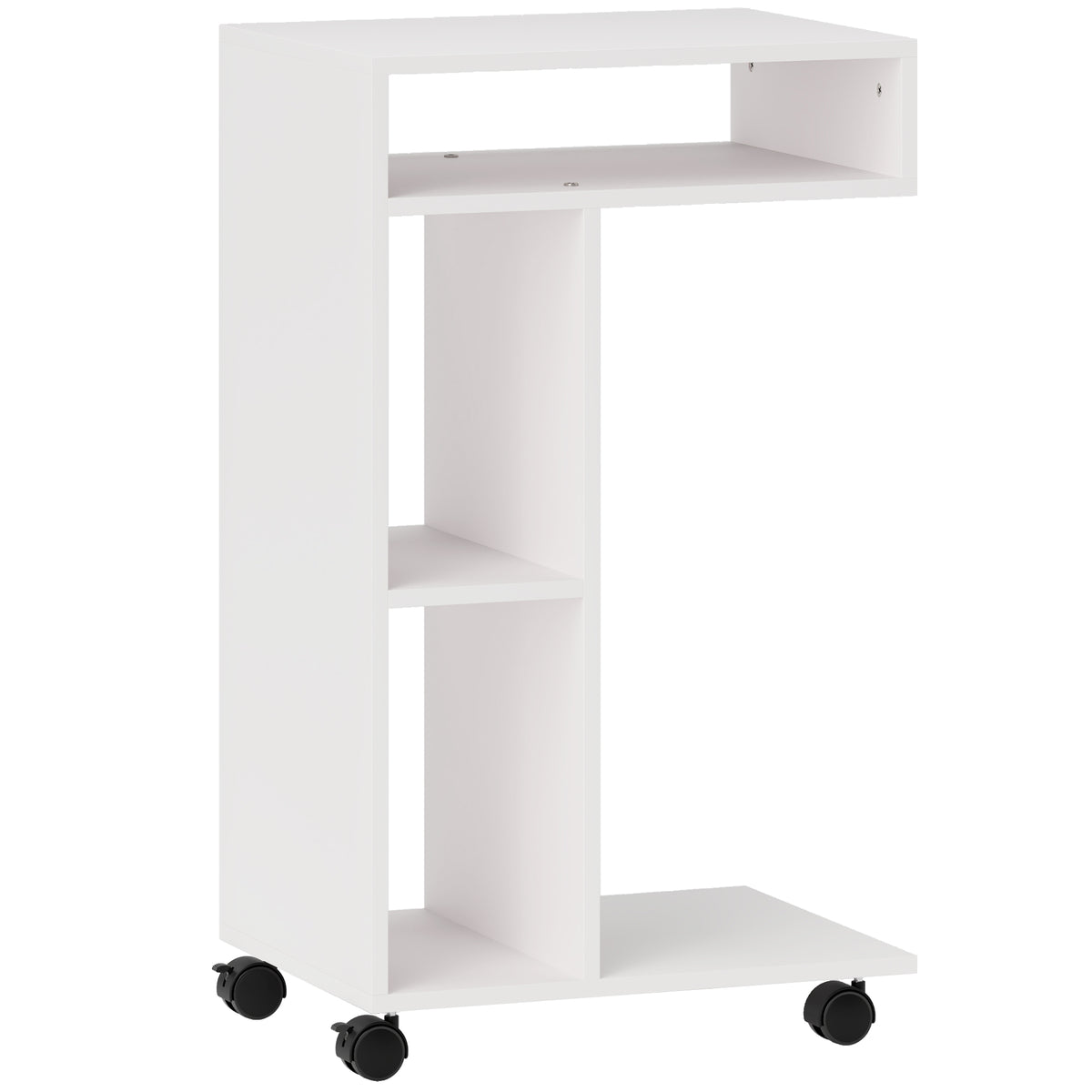 HOMCOM C-Shaped Wooden Coffee Table with Wheels and Open Shelf, 40x30x69 cm, White