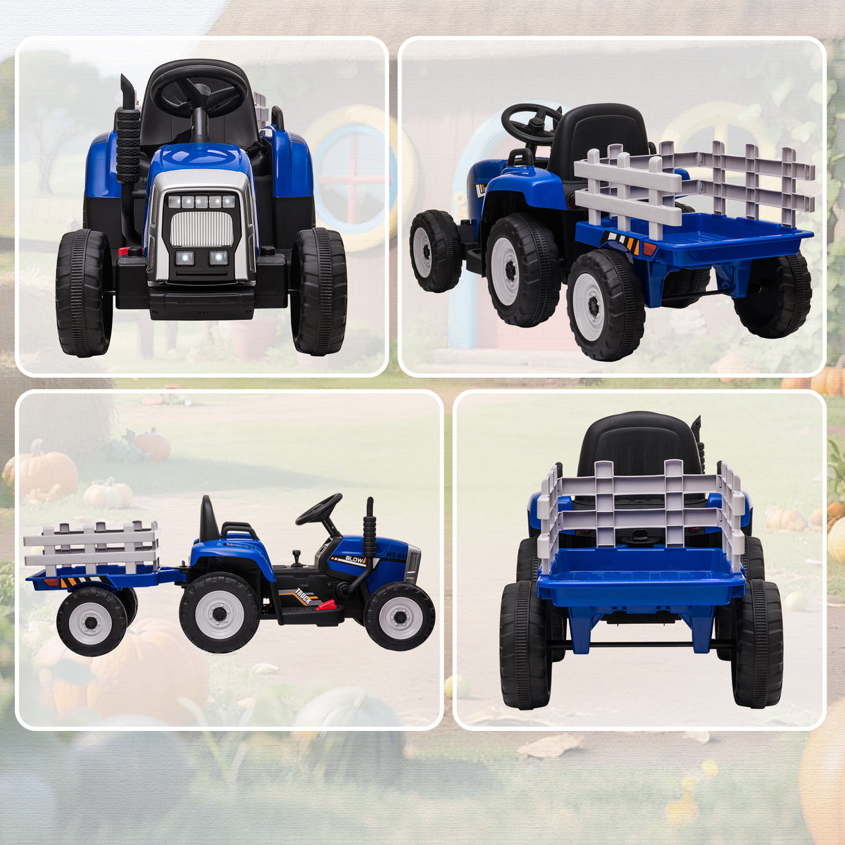 HOMCOM Electric Tractor for Kids with Removable Trailer, Remote Control, USB Port, Music and Lights, Ages 3-6 Years, Blue
