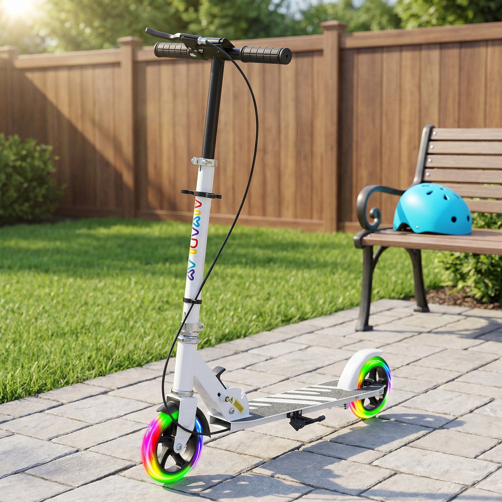 AIYAPLAY Scooter for Kids Ages 3-8 with Light-Up Wheels, Adjustable Handle and Rear Brake, White