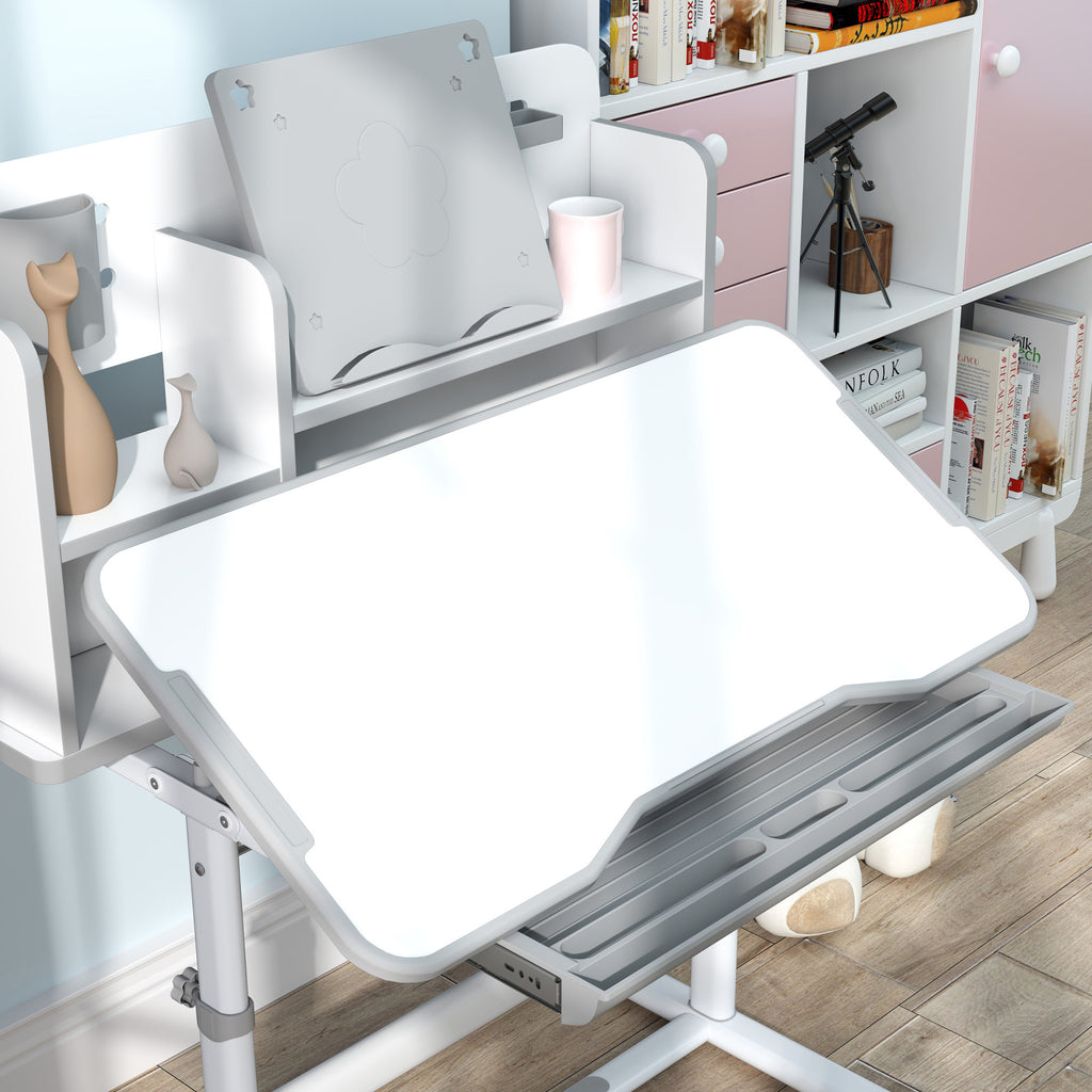 Adjustable Children's Desk and Chair Set, School Desk with Tiltable Top, Drawer, Shelf, Grey