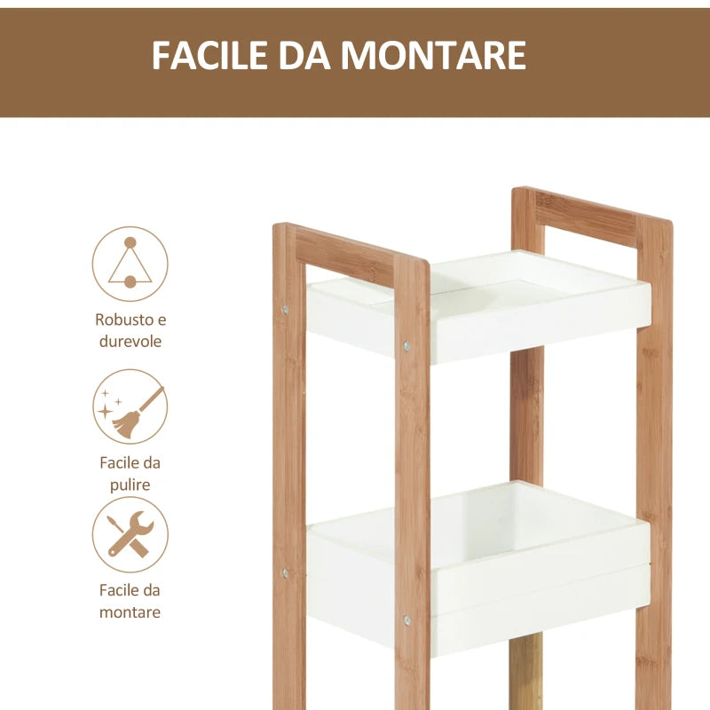 Bathroom Cabinet Multipurpose 3-Tier Compact Shelf in MDF Wood and Bamboo, White, 27.5x20.8x74cm - Borgè