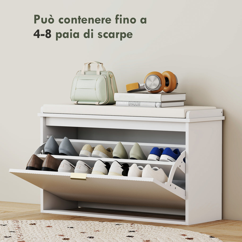 Shoe Bench with Internal Shelf, in Wood and Linen Effect Fabric, 80x26x47.5 cm, White and Beige