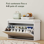 Shoe Bench with Internal Shelf, in Wood and Linen Effect Fabric, 80x26x47.5 cm, White and Beige