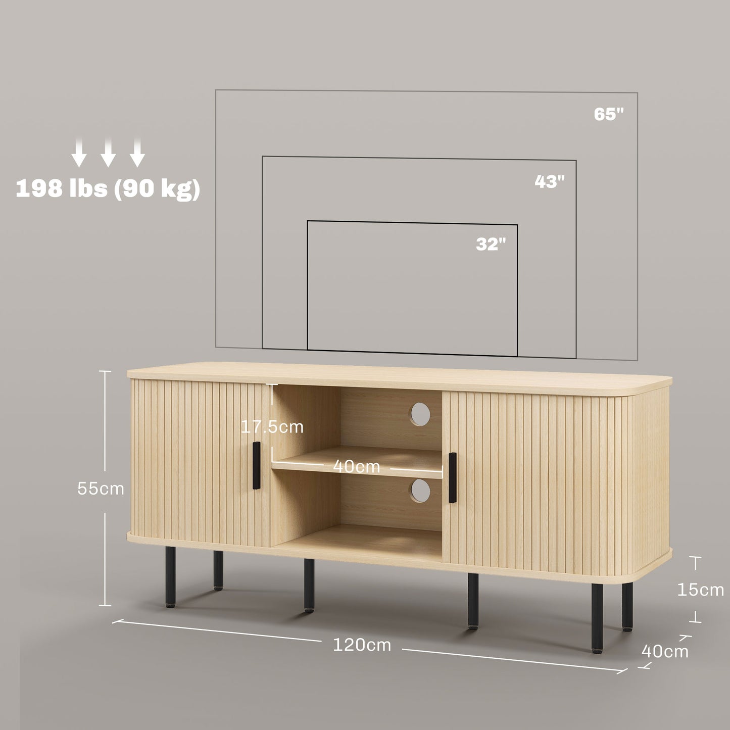 55" TV Cabinet with 2 Cabinets and 2 Shelves in Wood and Steel, 120x40x55 cm, Black and Oak