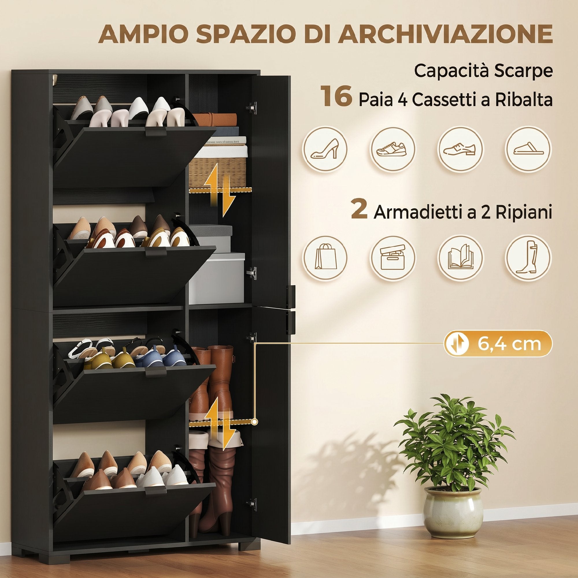 HOMCOM Modern Shoe Rack with Mirror, 4 Drop-Down Drawers, Holds up to 16 Pairs of Shoes, Black