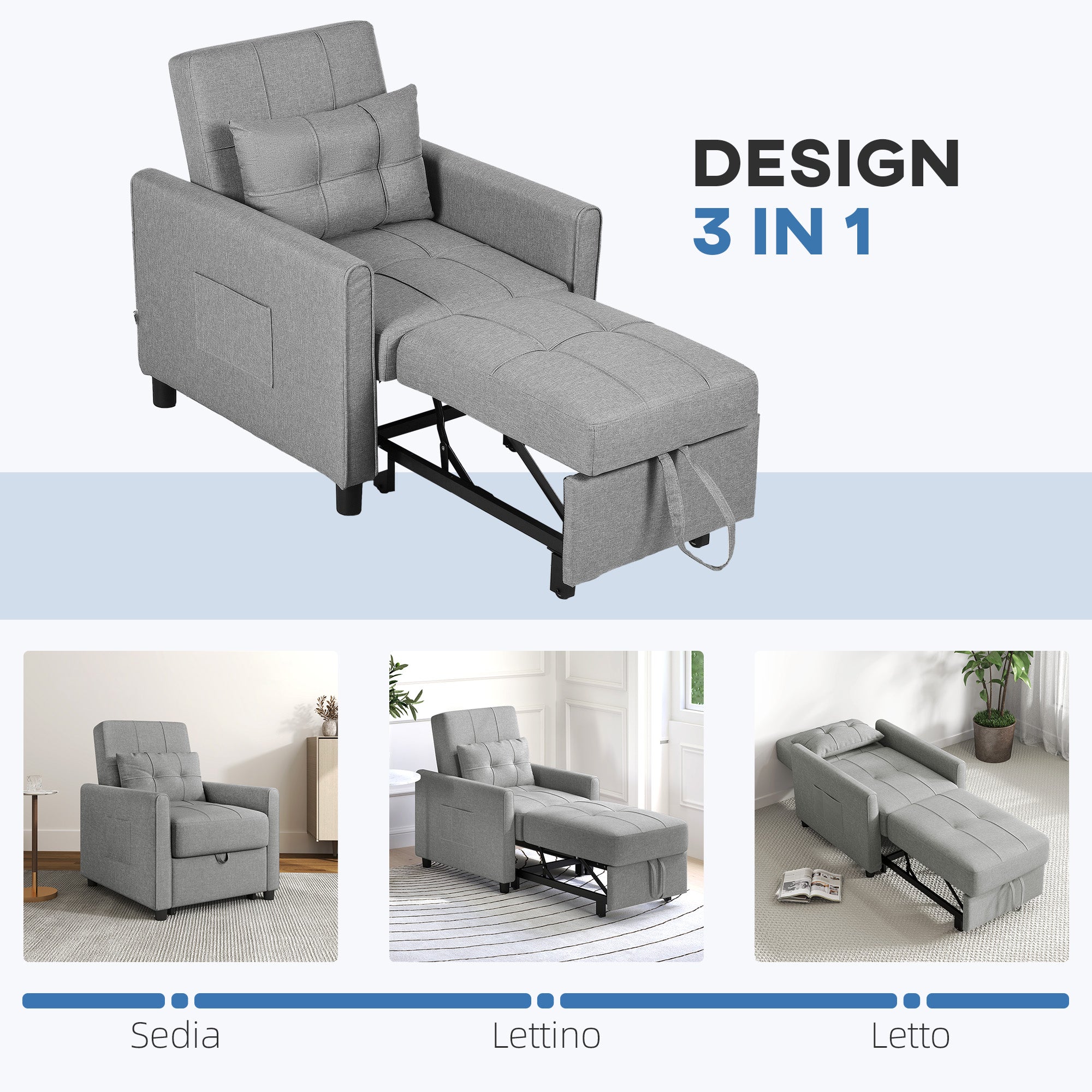 Single Reclining Armchair Bed on 3 Levels with Extra Cushion, 69x82x85cm, Light Grey
