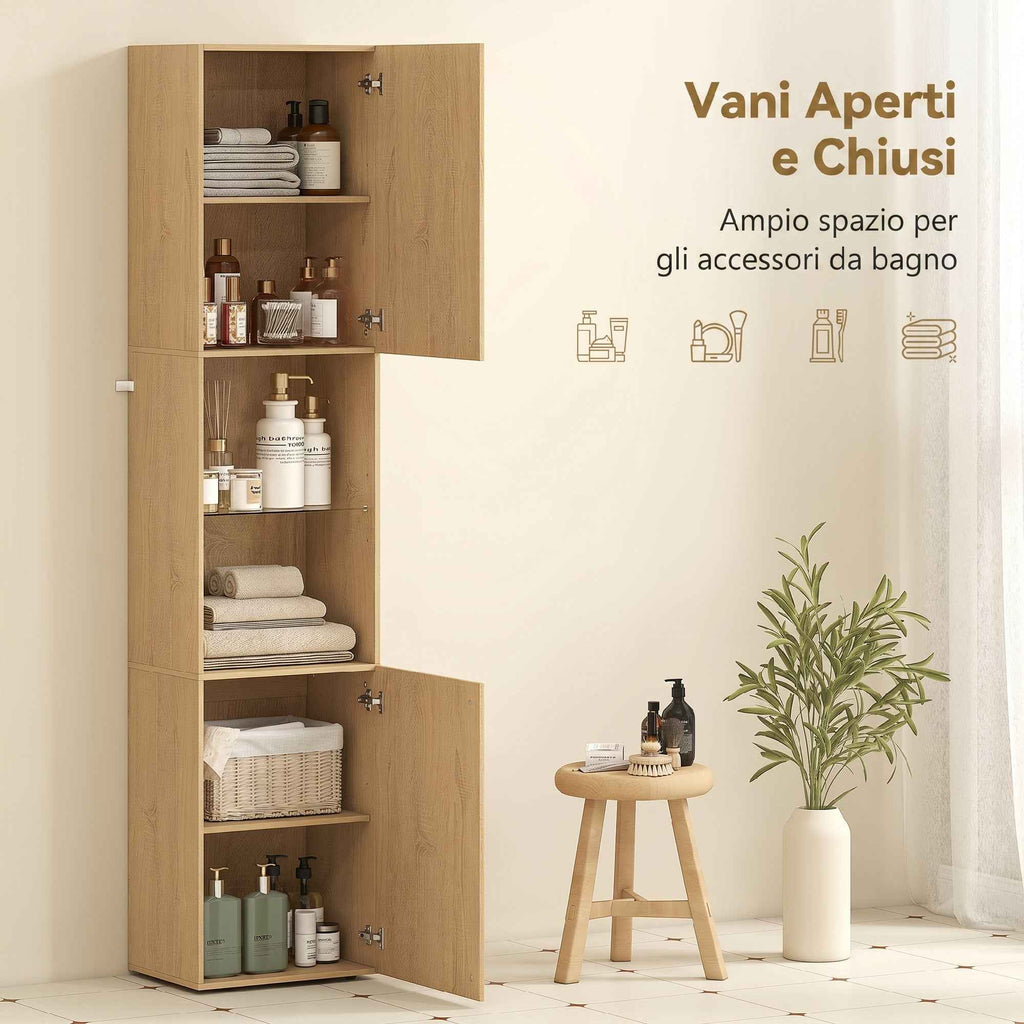HOMCOM Slim Bathroom Cabinet with 6 Shelves, 2 Doors, Open Compartments, Tempered Glass Shelf, Adjustable Shelves, Oak